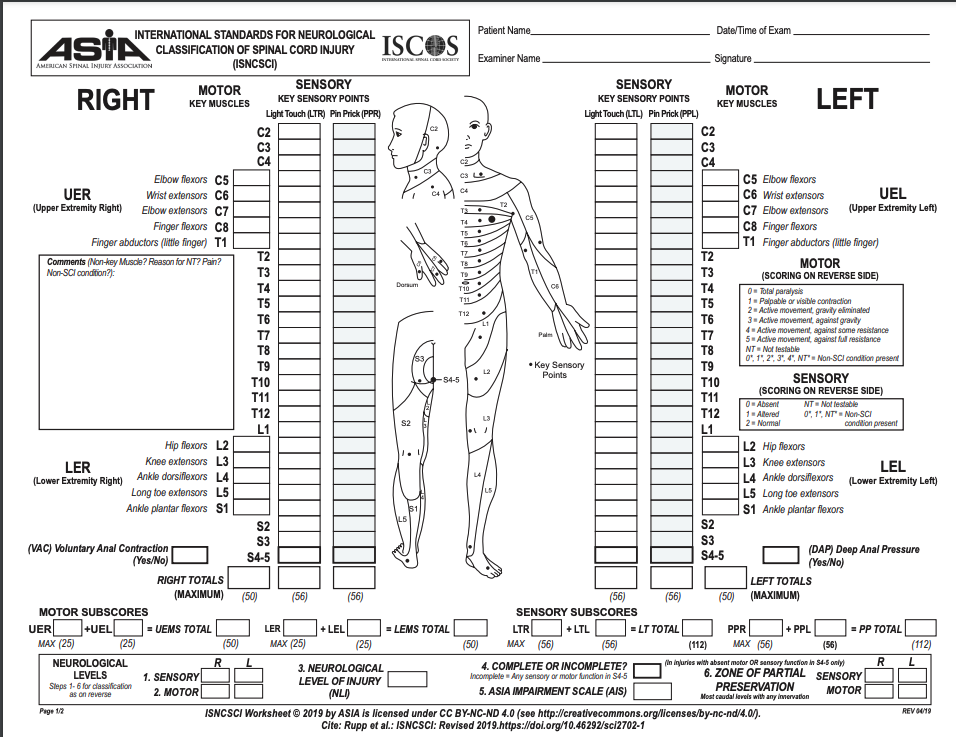 <p>American Spinal Injury Association (ASIA) Spinal Cord Injury Scoring Sheet