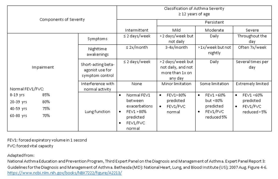 <p>Asthma Severity Classification by The National Asthma Education and Prevention Program.</p>